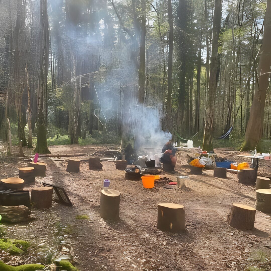 Rustic forest setting with camping gear