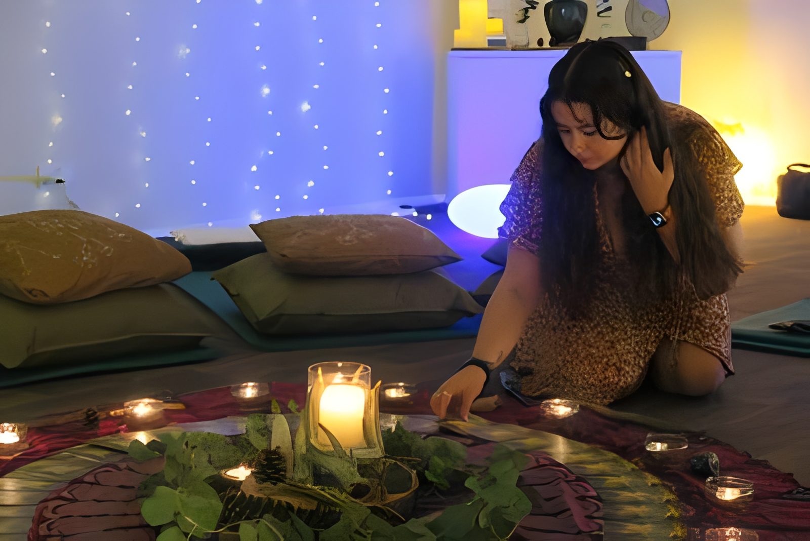 Cozy meditation setup with candles and pillows