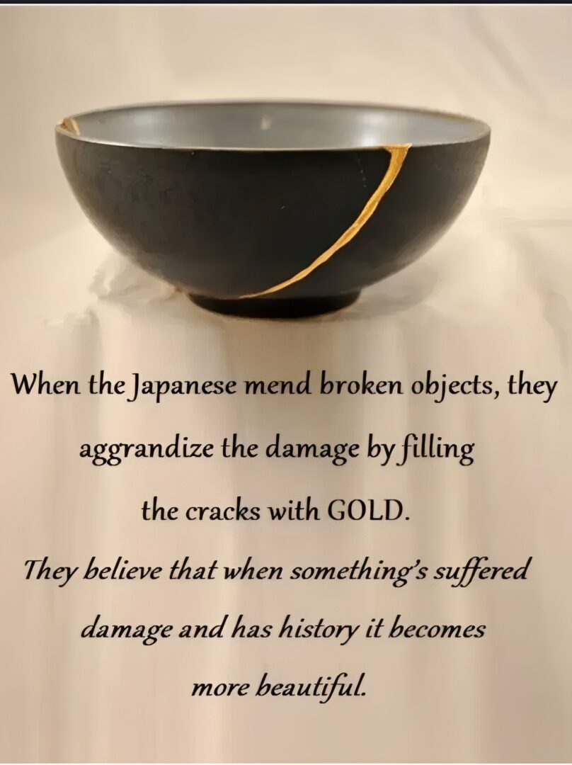 Broken bowl with gold enhancement