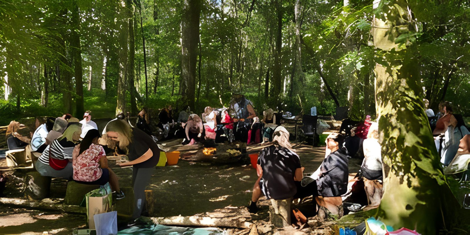 People enjoying a forest picnic