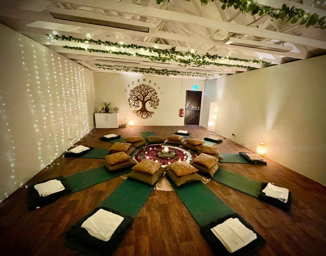 Serene yoga studio with decorative lights